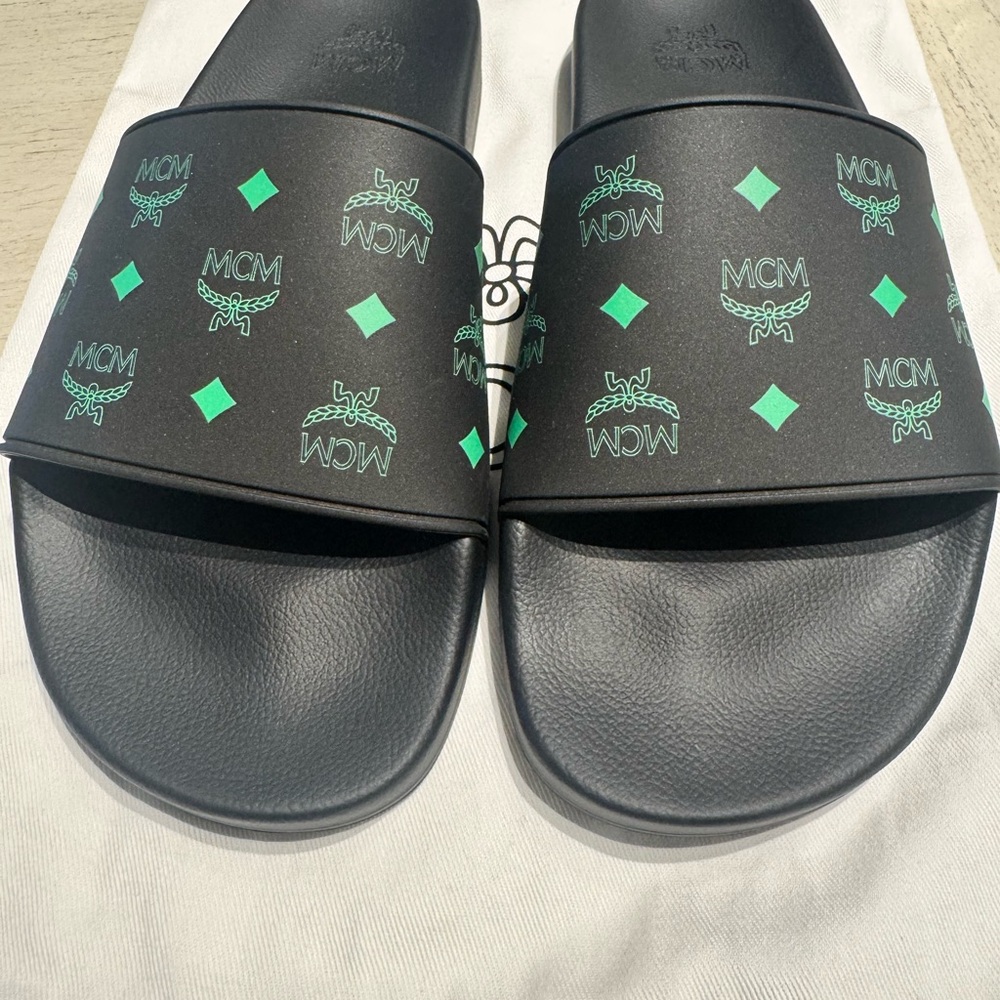 MCM Authentic Black and Green Logo Slide Sandals